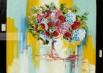 Bouquet de fleurs rouge, roses et bleus sur fond bleu vert et jaune