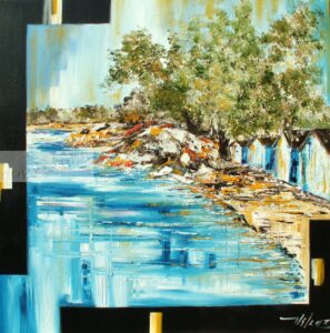 Un dimanche au bord de l'eauHuile sur toile80x80cmVe